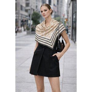 Anne Klein Polka Dot Silk Scarf Square Beige Black White Border Vintage Style